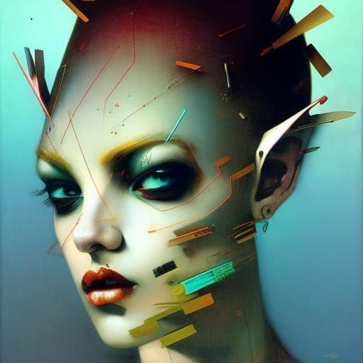 Abstract Portrait with Circuitry and Geometric Patterns