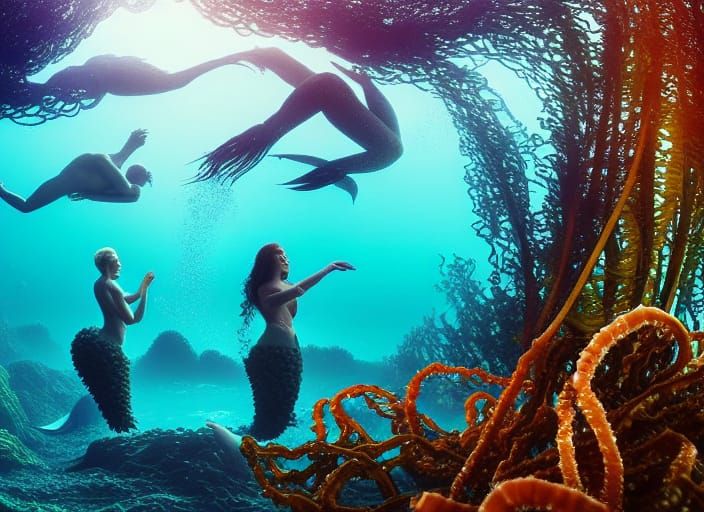 Underwater Farm with Merfolk in Sea Garden