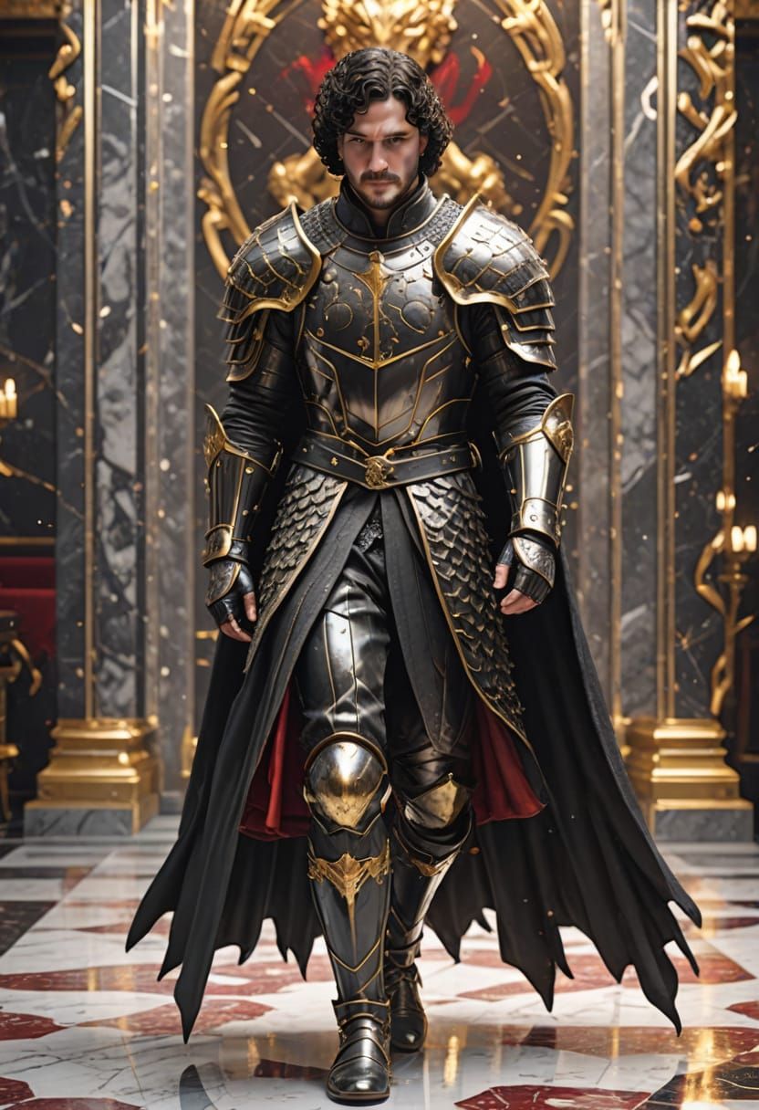 Jon Snow in Black Steel-Plate Armor with Gold Accents