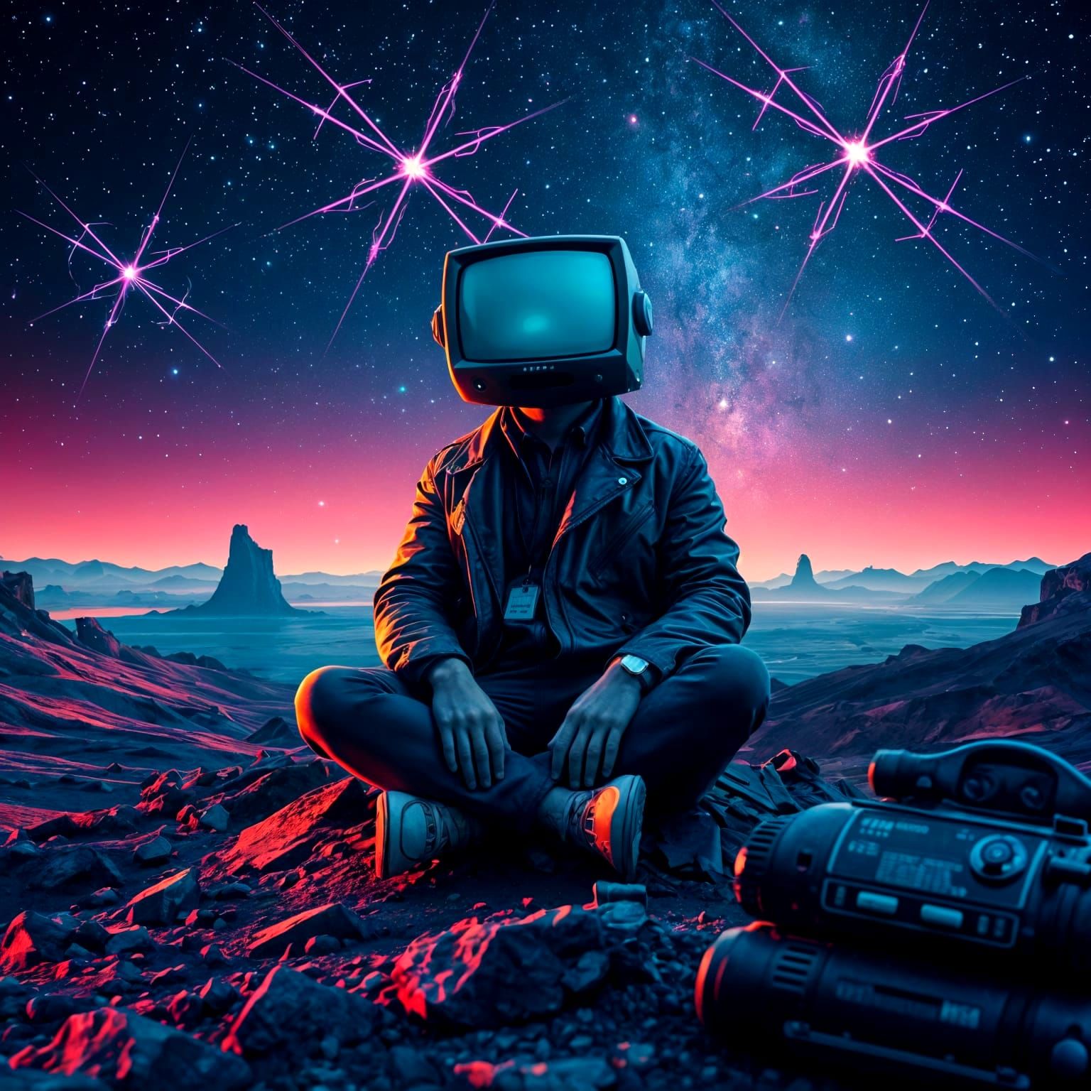 TV Head on Distant Planet in Cosmic Sky