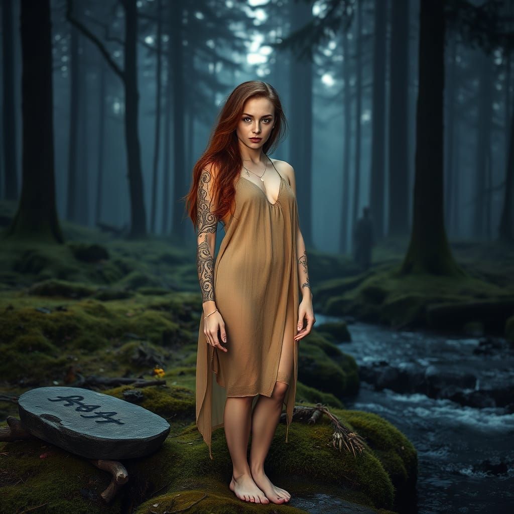 Slavic Woman in Ancient Forest at Twilight