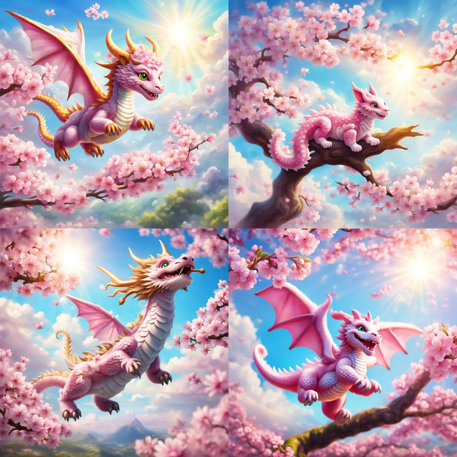 Cherry Blossom Dragon Cub Flying in Sunshine