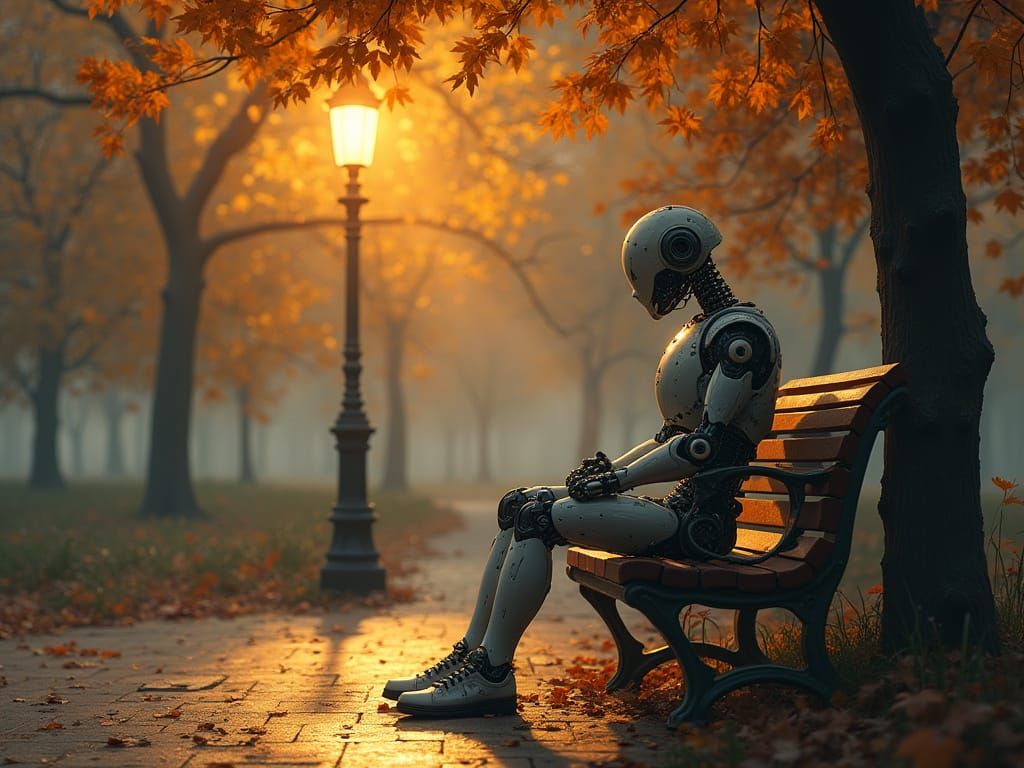 A robot sits on a park bench