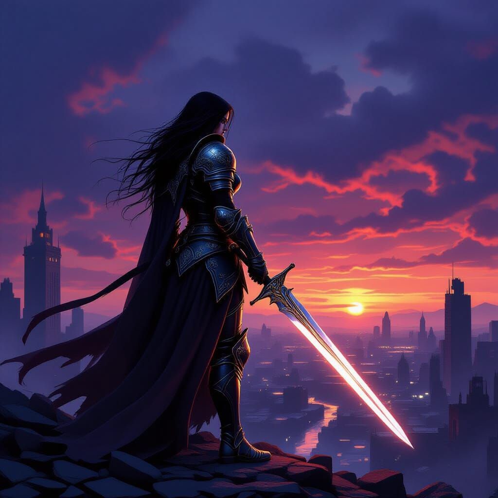 Dark Fantasy Knight Overlooks Ruined Cityscape