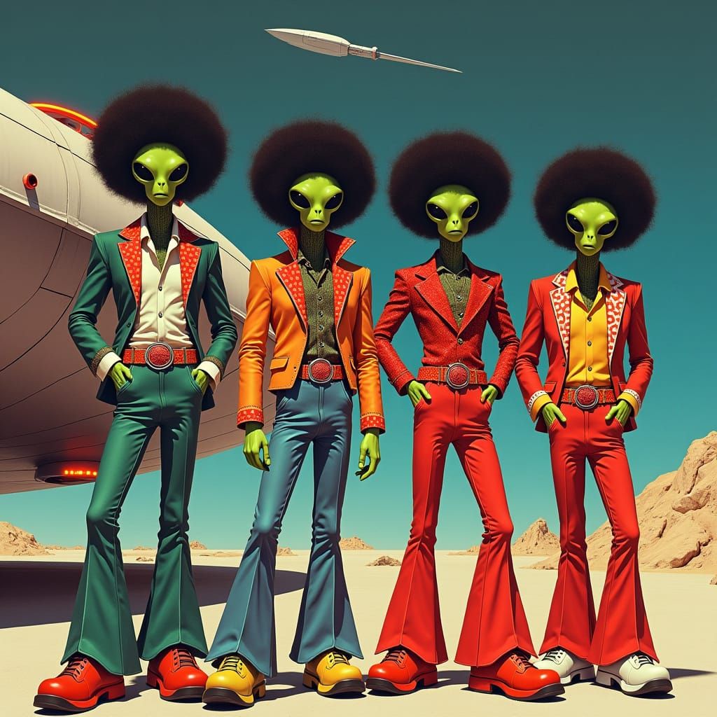 Aliens in 70s Disco Style Near Spaceship