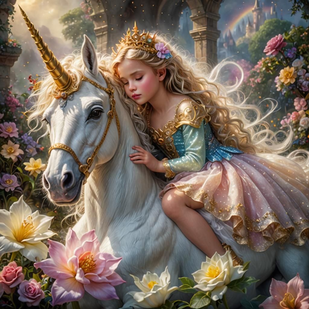 Baby Princess Sleeping with Magical Unicorn in Hyperrealism