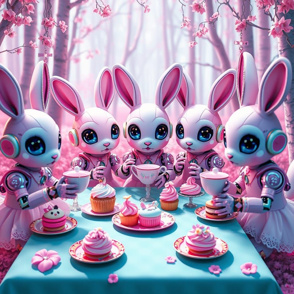cyborg bunnies having a tea party in a candy-colored forest