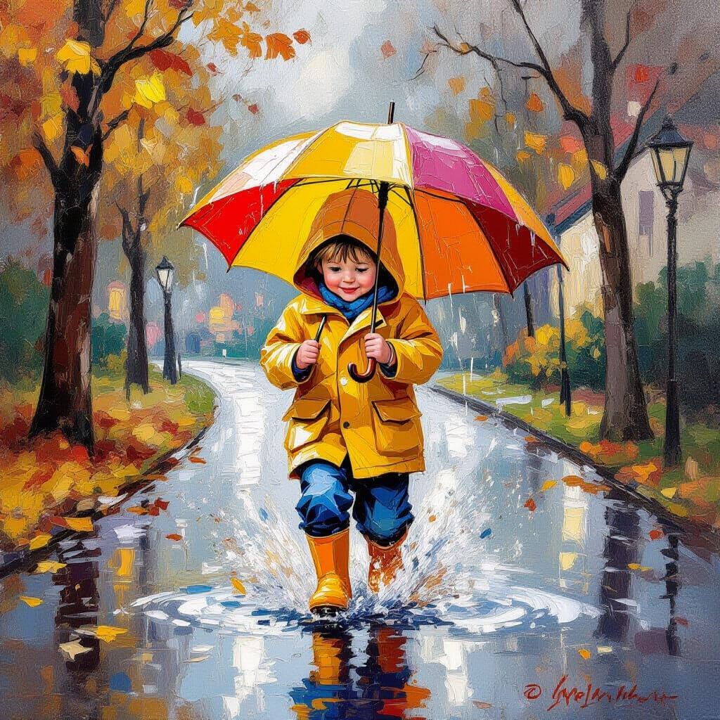 Boy Splashing in Puddle: Expressionist Autumn Scene