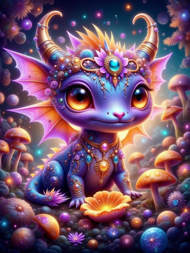 Chibi Amethyst Baby Dragon in Vibrant Whimsical Wonderland