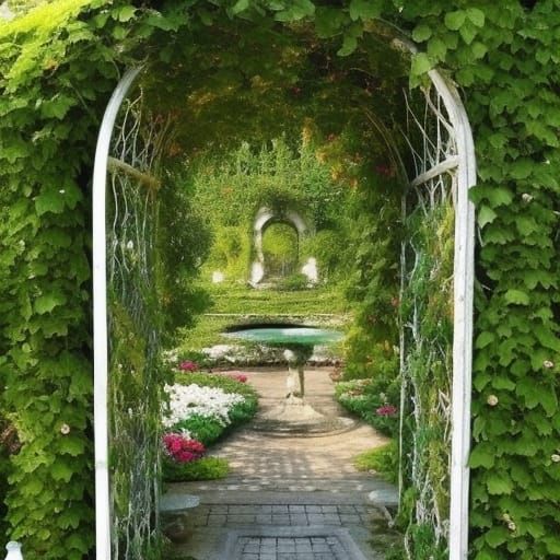 Hyperrealistic Secret Garden Paradise with Stone Fountain