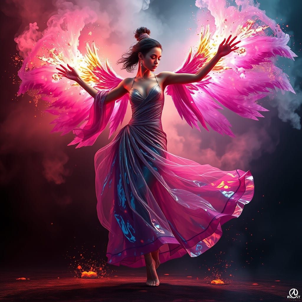 Hyper-Realistic Dancer Erupts with Ethereal Firework Wings