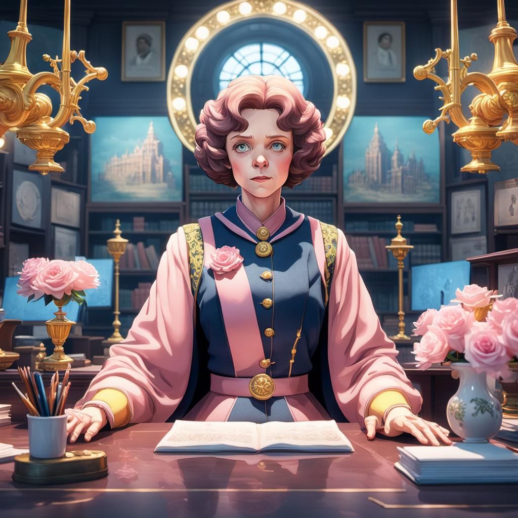 Dolores Umbridge in Elegant Anime Office, 3D Render