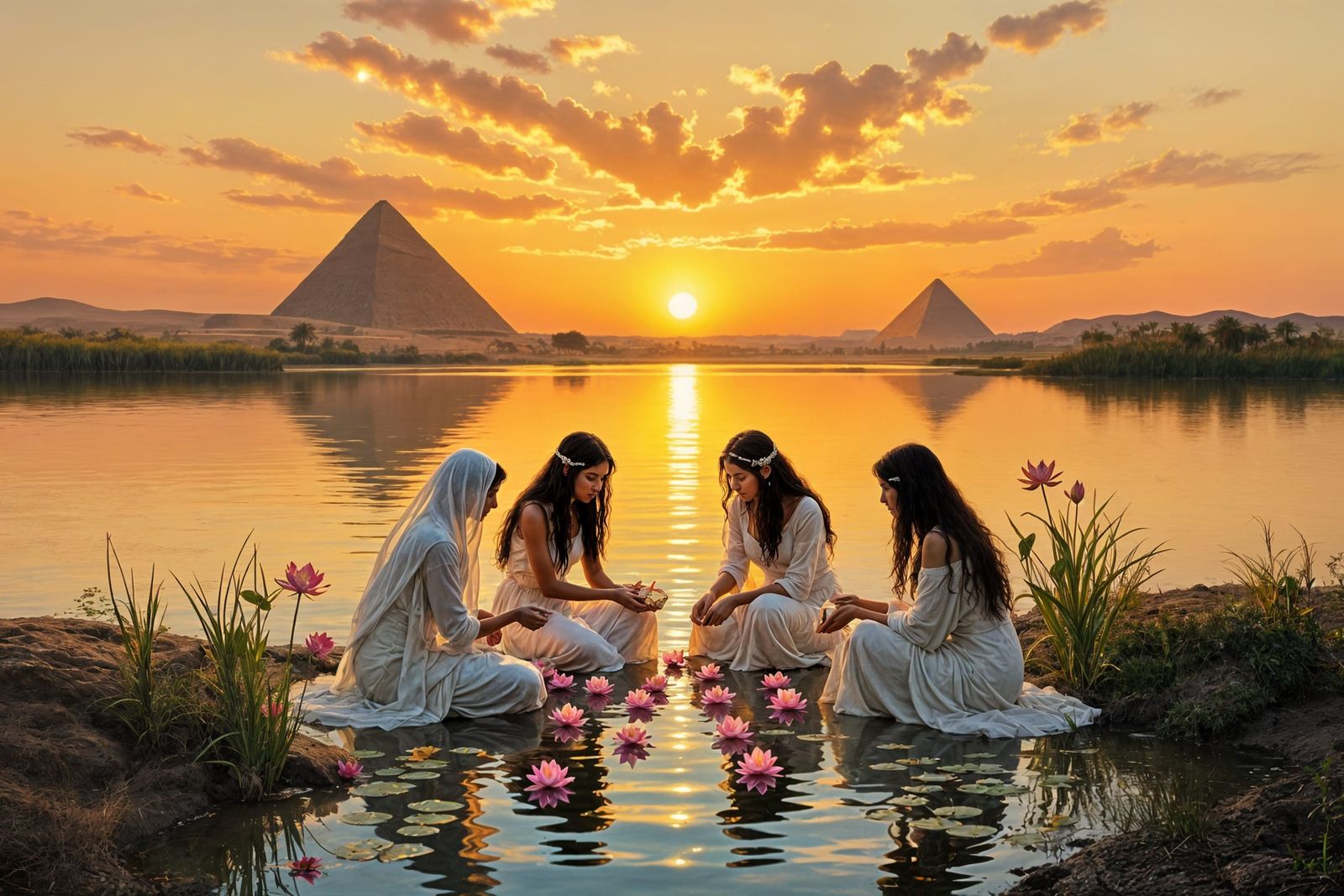Egyptian Women Gathering Lotus Flowers at Sunset