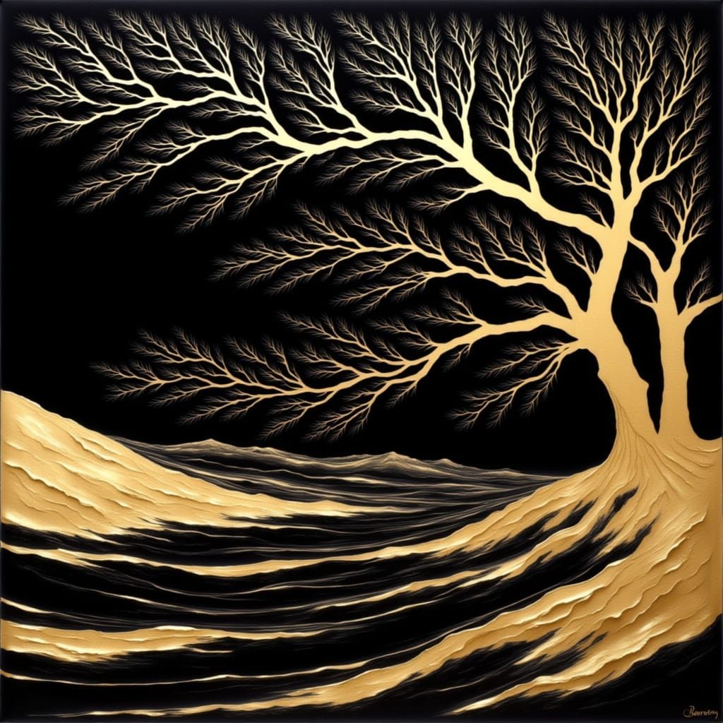 Artwork featuring a minimalist tree pattern and a gently flo...