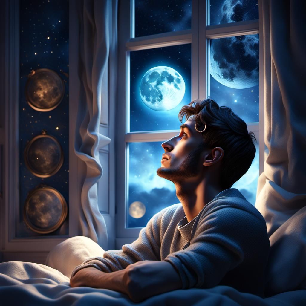 Surreal Dreamscape: Man Gazing at Moon in Window