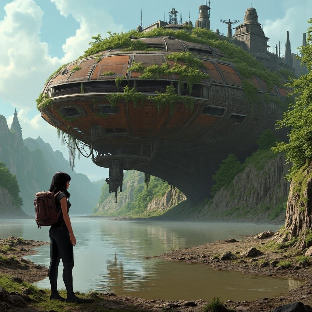 Woman and Overgrown Spaceship in Surrealist Style