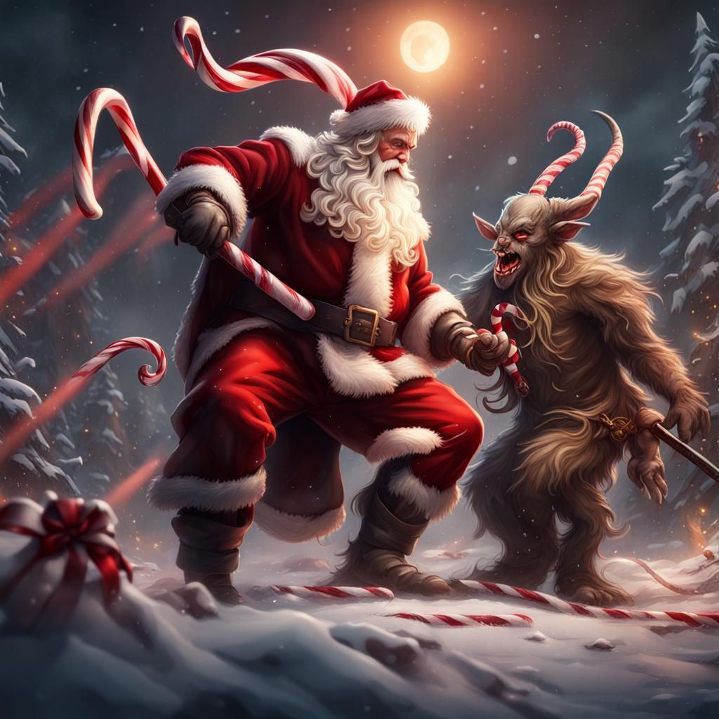 Santa Claus with a candy cane sword fighting Krampus.