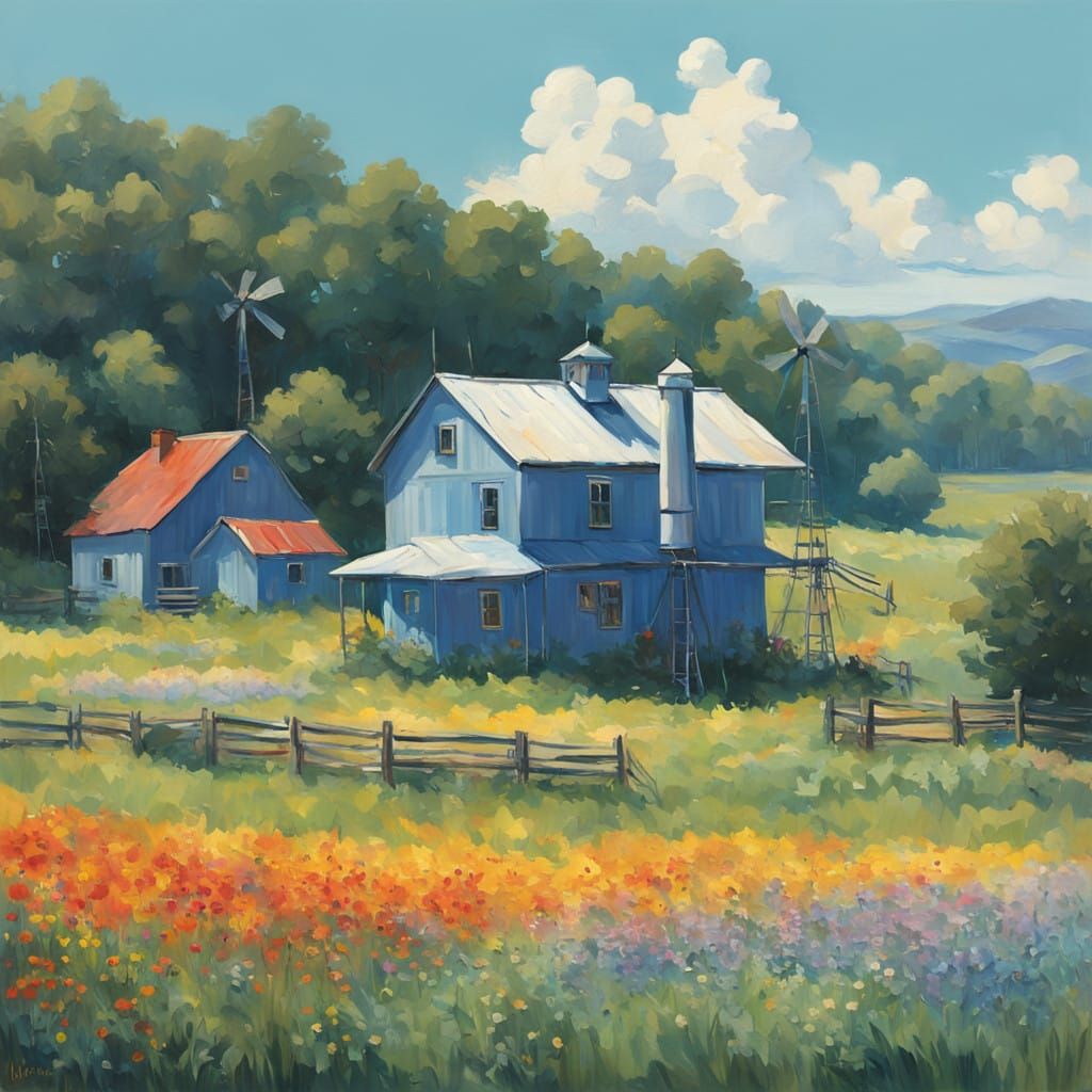 Impressionist Farm Scene with Wildflowers and Wind Turbine