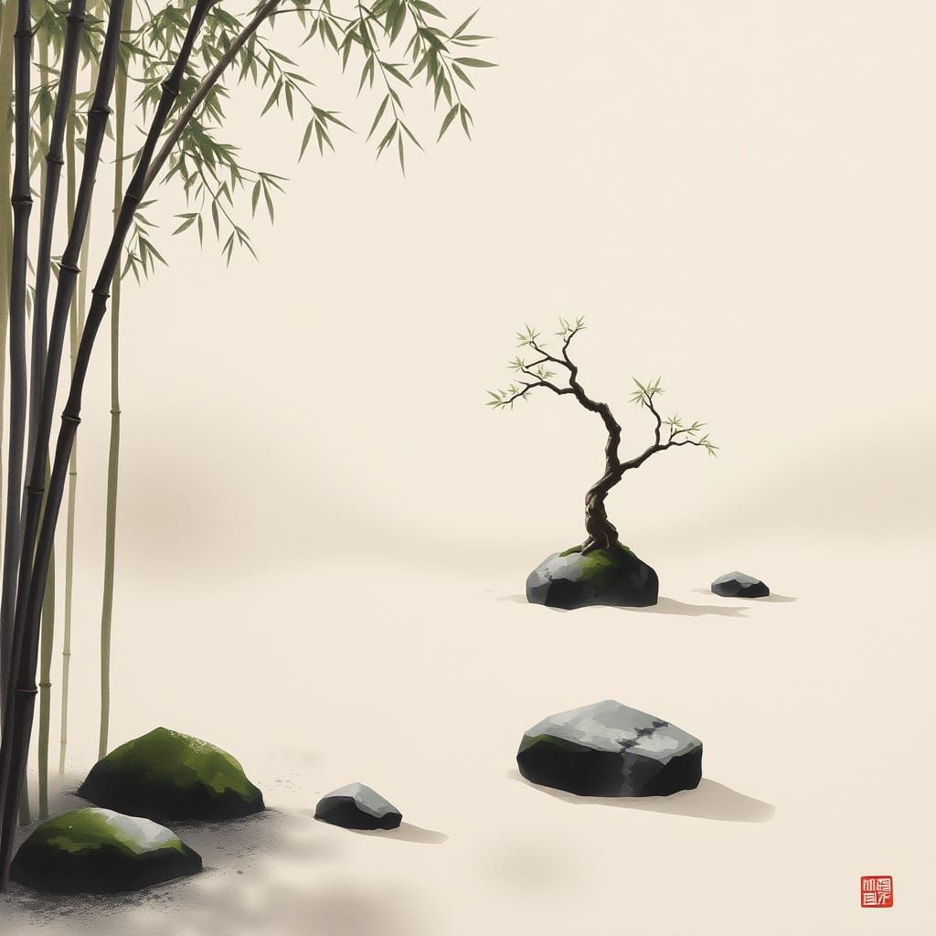 Serene Zen Garden Painting in Sumi-e Style