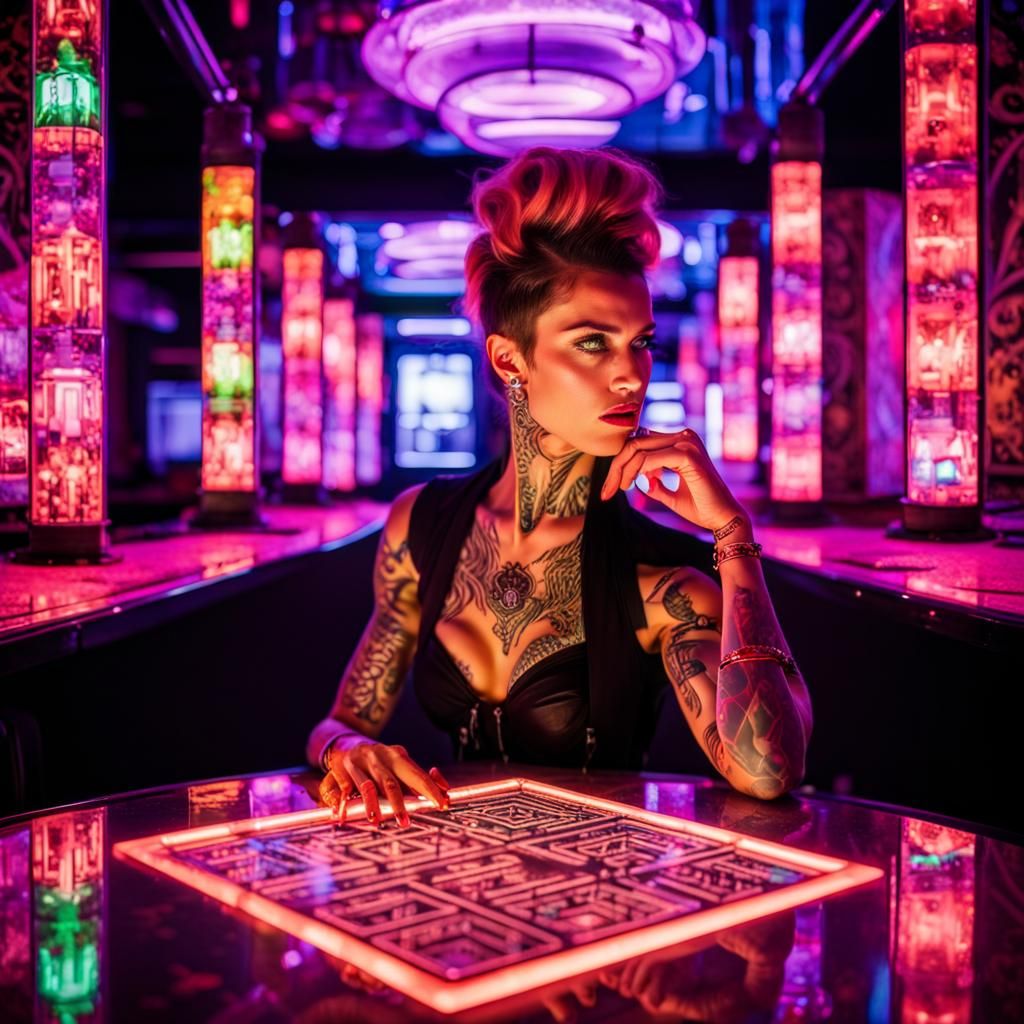 Cyberpunk Supermodels Play Mahjong in Neon City