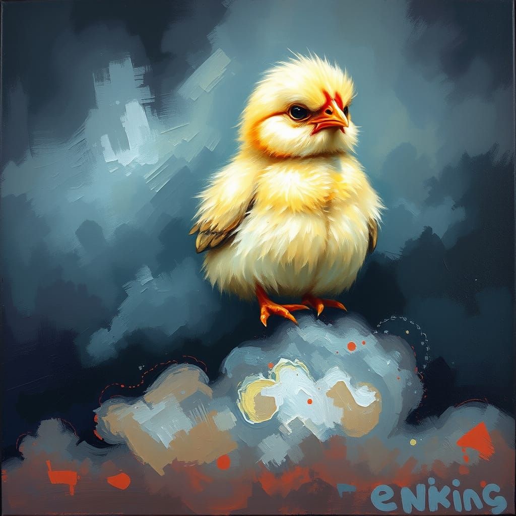 Grumpy Chick on Storm Cloud in Expressionist Oil Painting