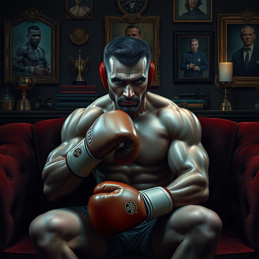 Boxer-Headed Man on Velvet Couch, Hyperrealistic Style