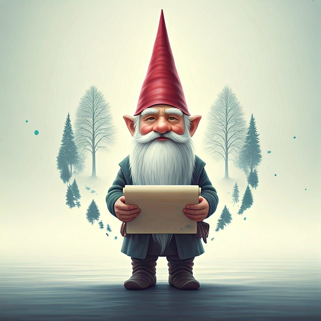 Serene Gnome in Dreamlike State, Surrounded by Emerging Land...