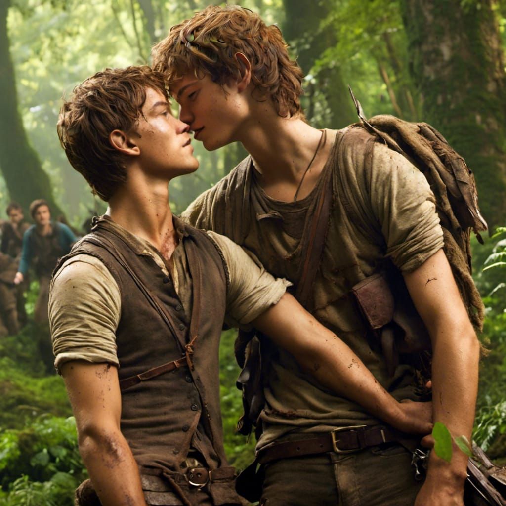 Boys Kissing in Forest Glade