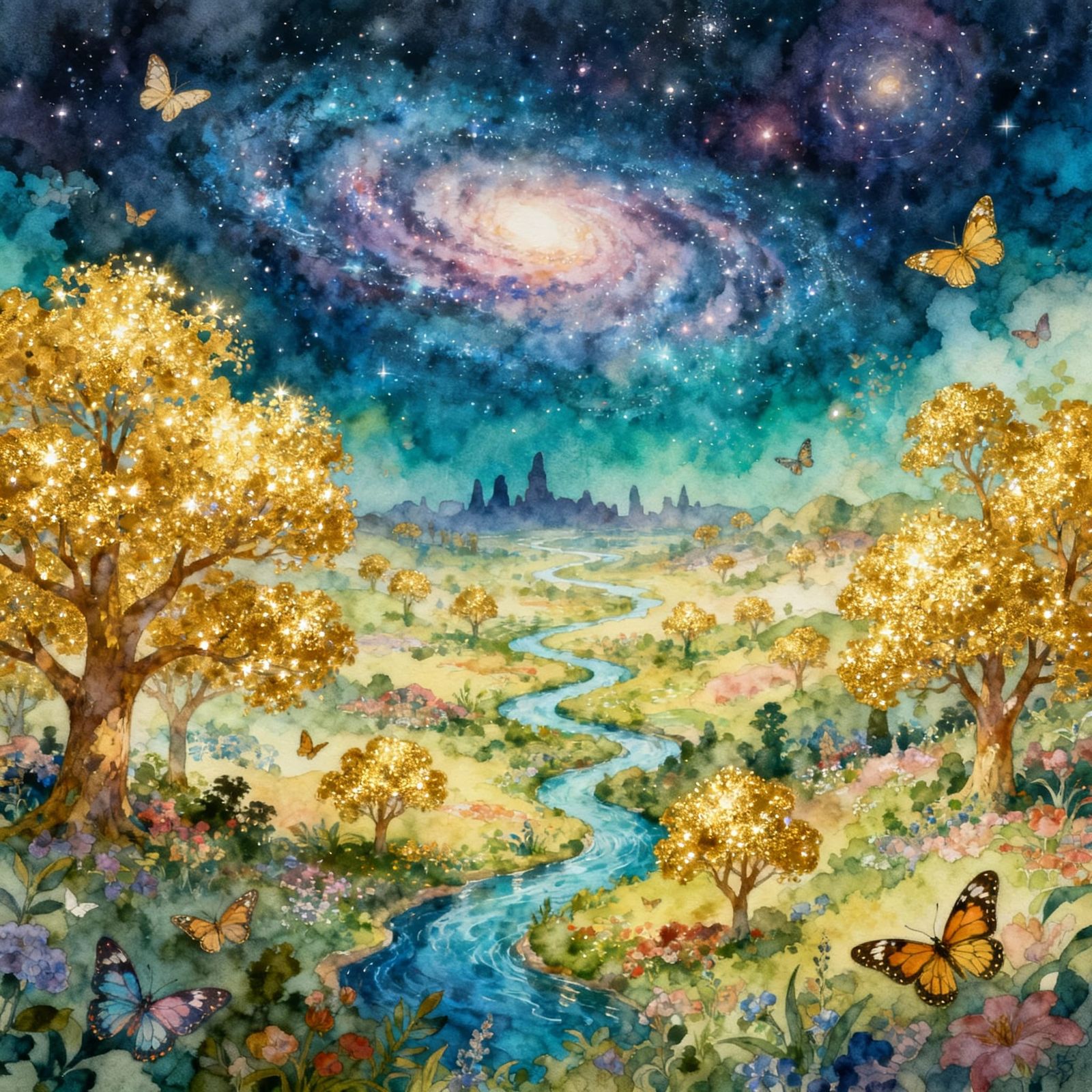 Watercolor Paradise World with Galaxies and Golden Trees