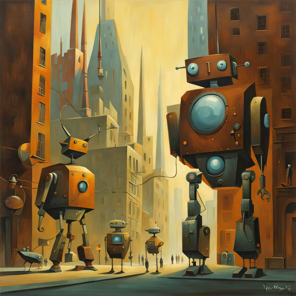 Rusted Robots Wander a Futuristic City