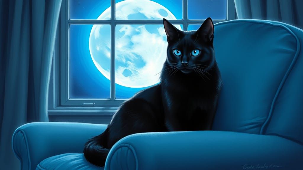Regal Black Cat Under Full Blue Moon