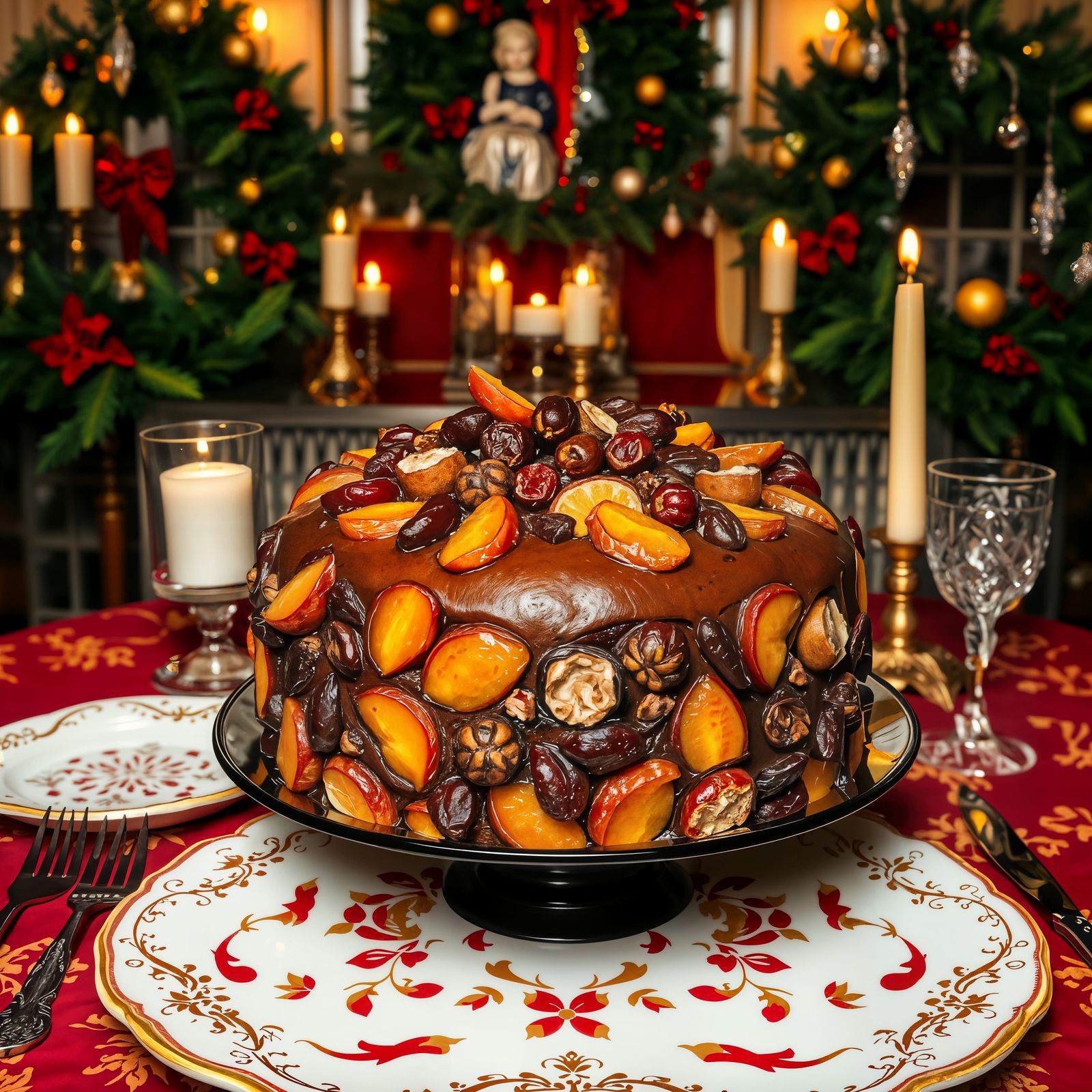 Luxurious Fruit Cake on Fine China with Elegant Holiday Deco...