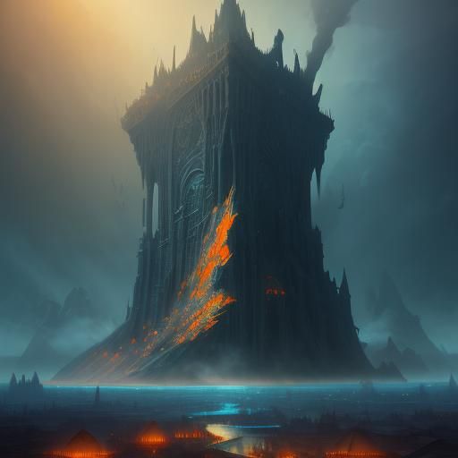 Majestic Aerial Structure in Beksiński-Inspired Digital Art