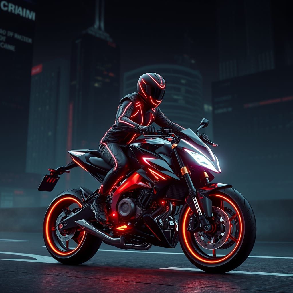Futuristic Rider in Cyberpunk Cityscape