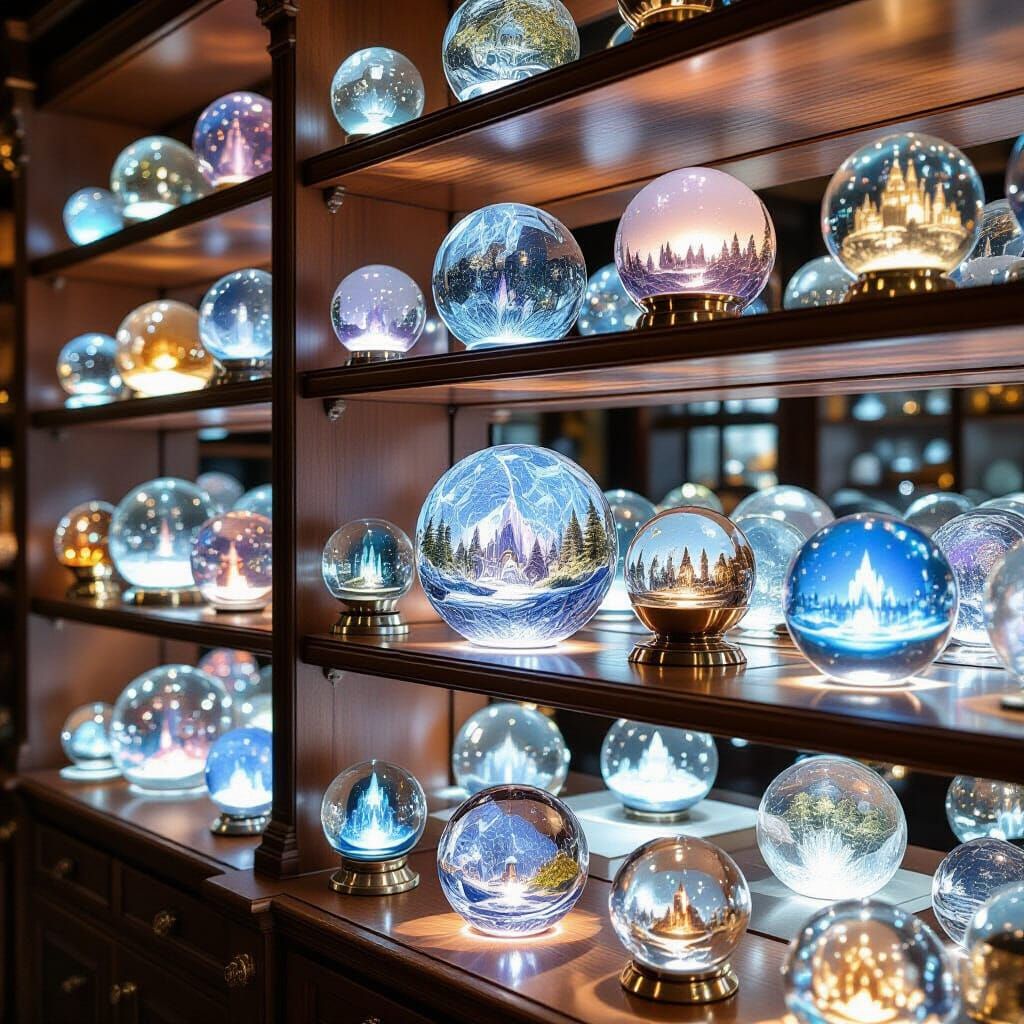 Crystal Orbarium Shelves With Miniature Worlds In Spheres