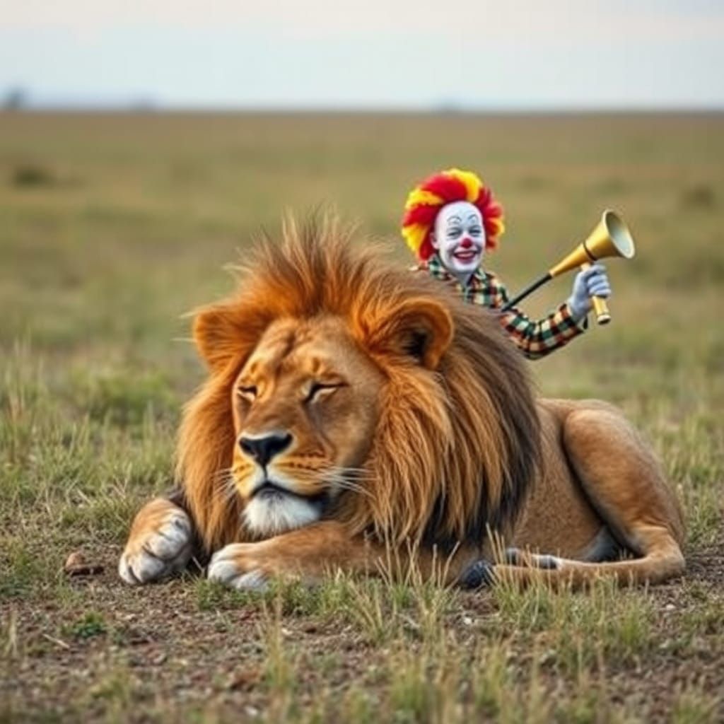 Lion's Nap Interrupted: A Clown's Prank
