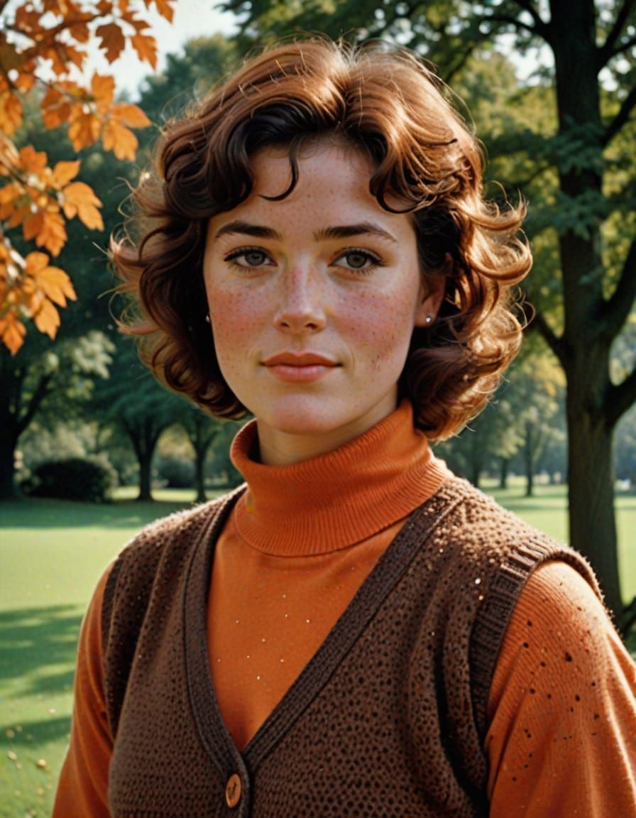 Cozy 1970s Woman in Burnt Orange Sweater Vest