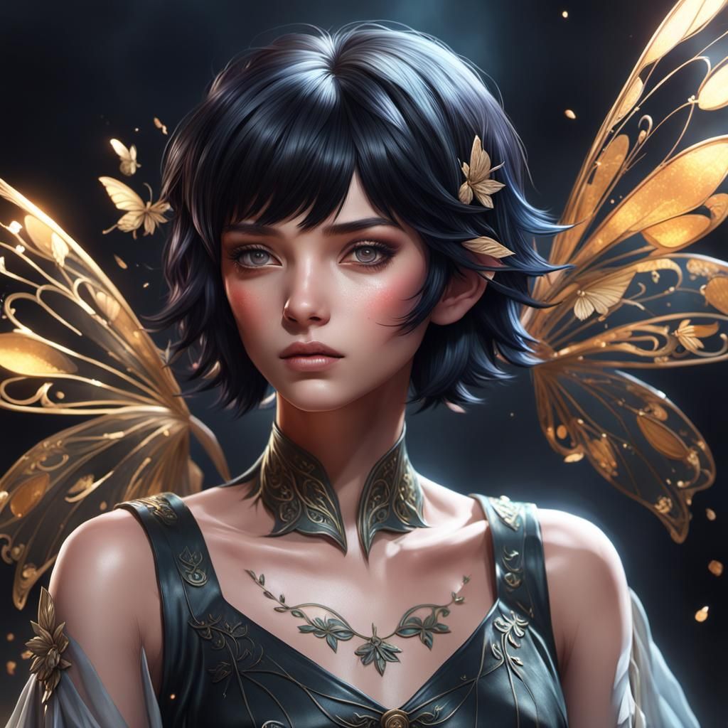 Black Hair Fairy Portrait in Hyperdetailed Style