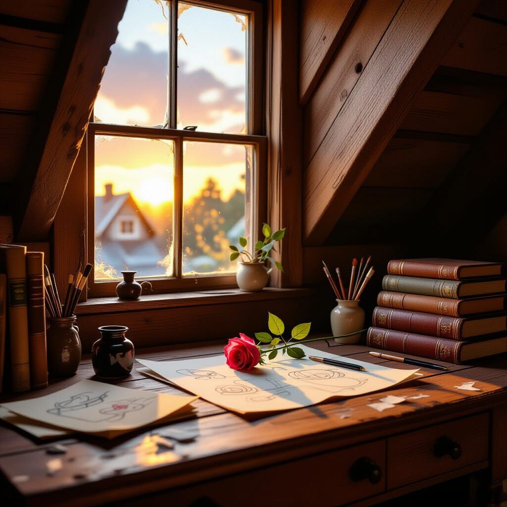 Cozy Attic Desk at Sunset in Children's Book Style