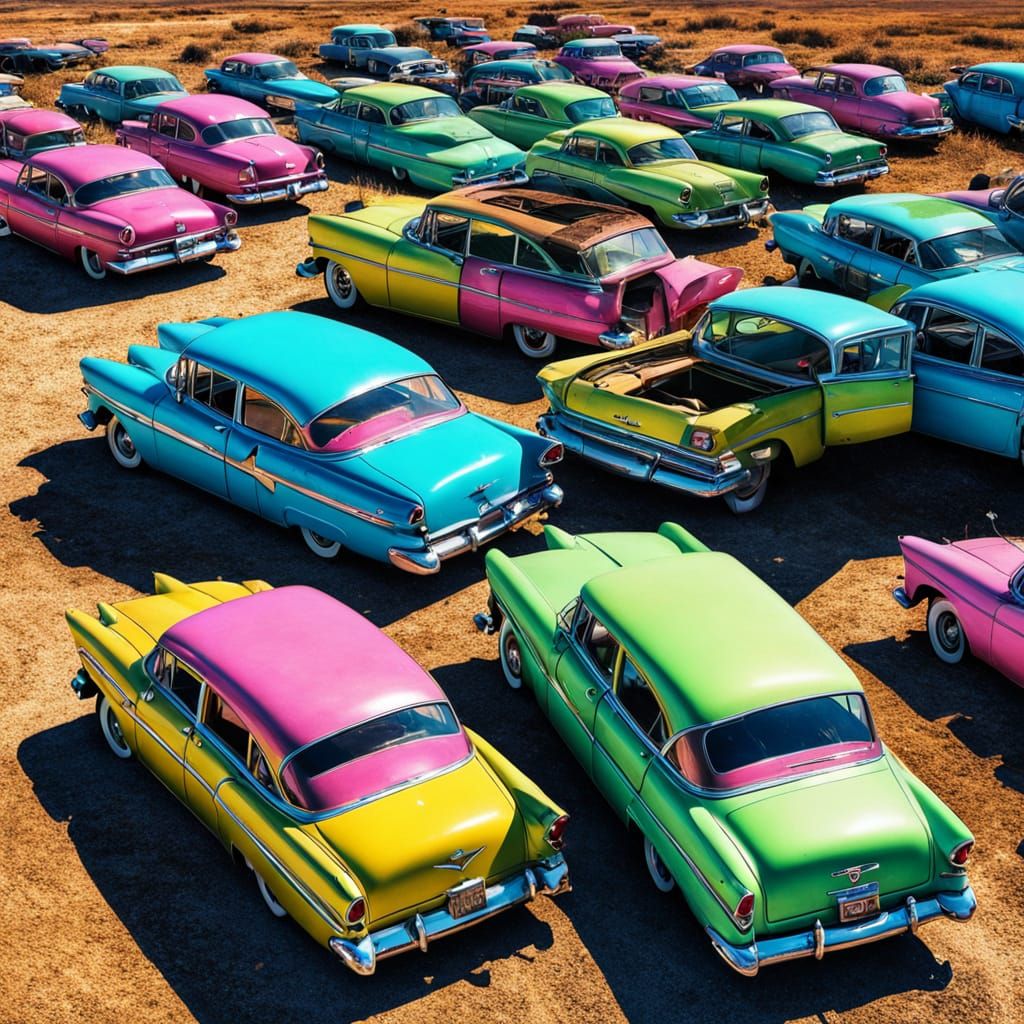 Abandoned 50s Cars in Barren Plains: Fauvist Digital Art
