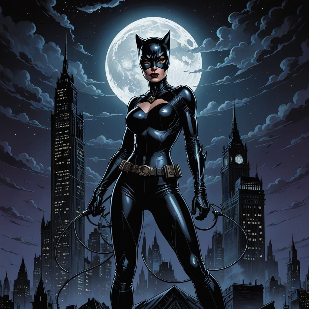 A stunning comic book-style illustration of Curvy Selina Kyle, aka Catwoman, standing confidently amidst the dark and my...