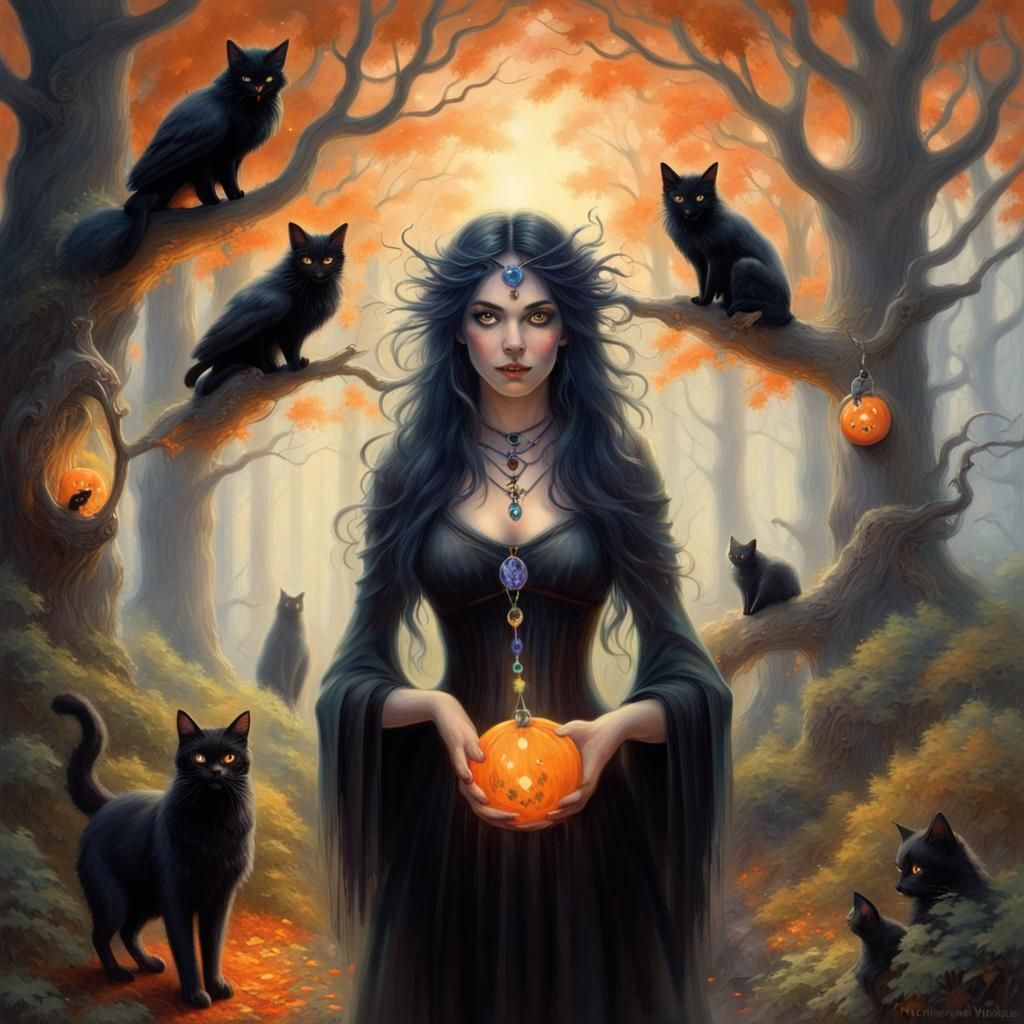 Secretive Forest Witch with Tree Spirits in Ethereal Fantasy