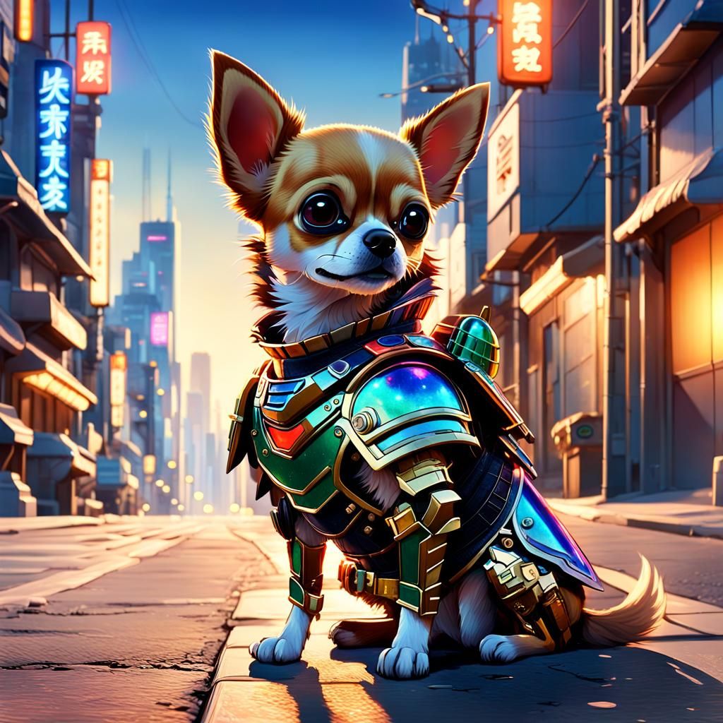 Armored Chihuahua in Futuristic Cityscape Concept Art