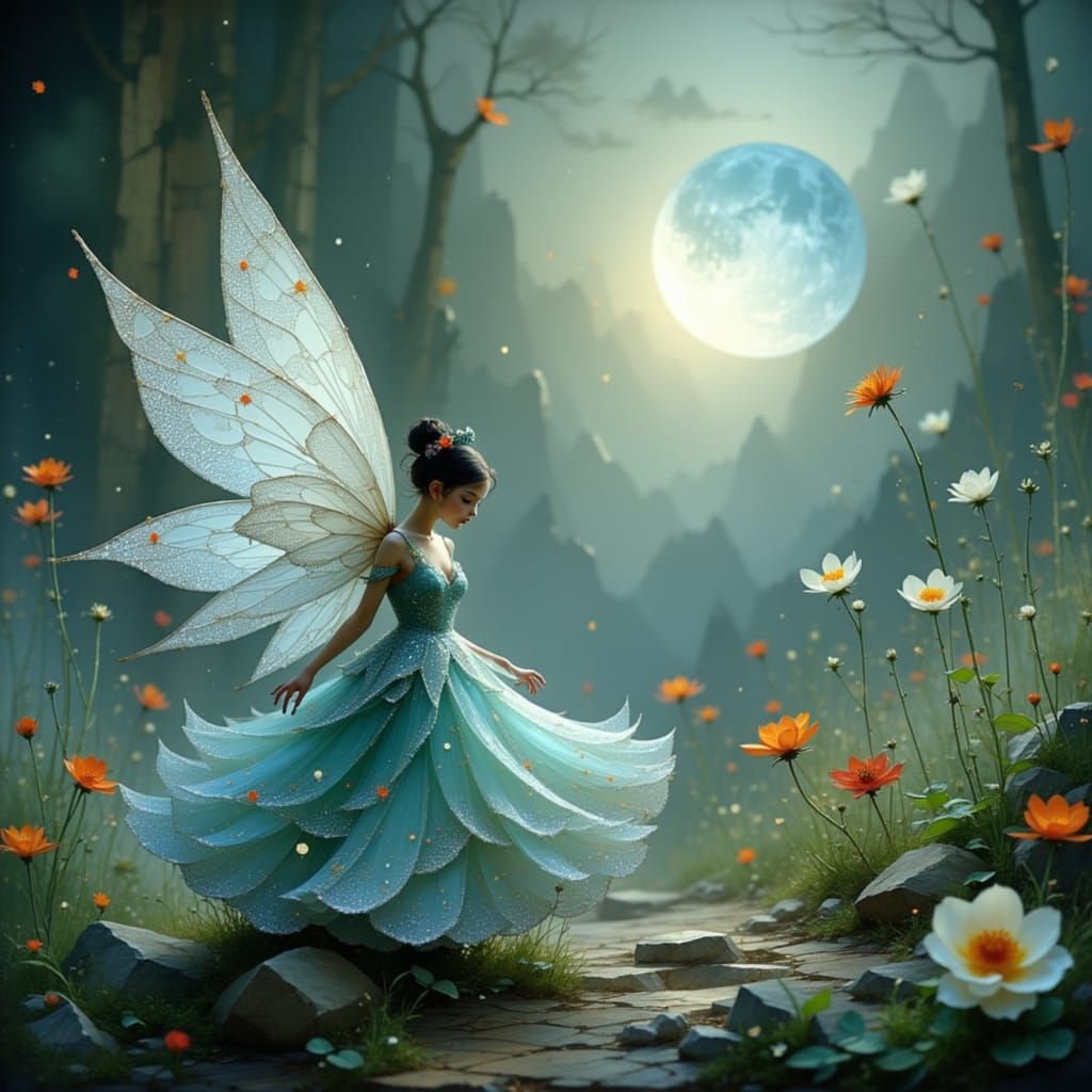 Moonlit Fairies Dance Among Blooms