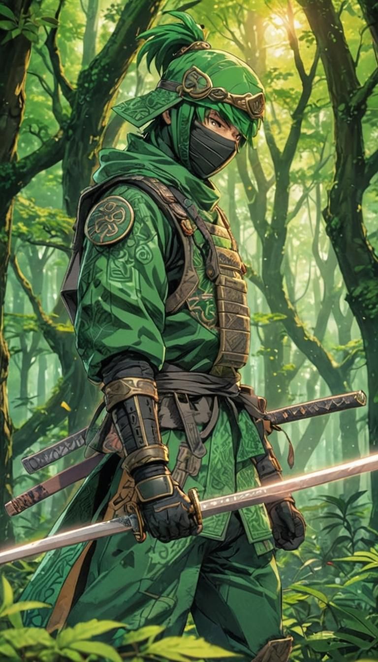 Green Ninja in Forest: 3D Anime Art