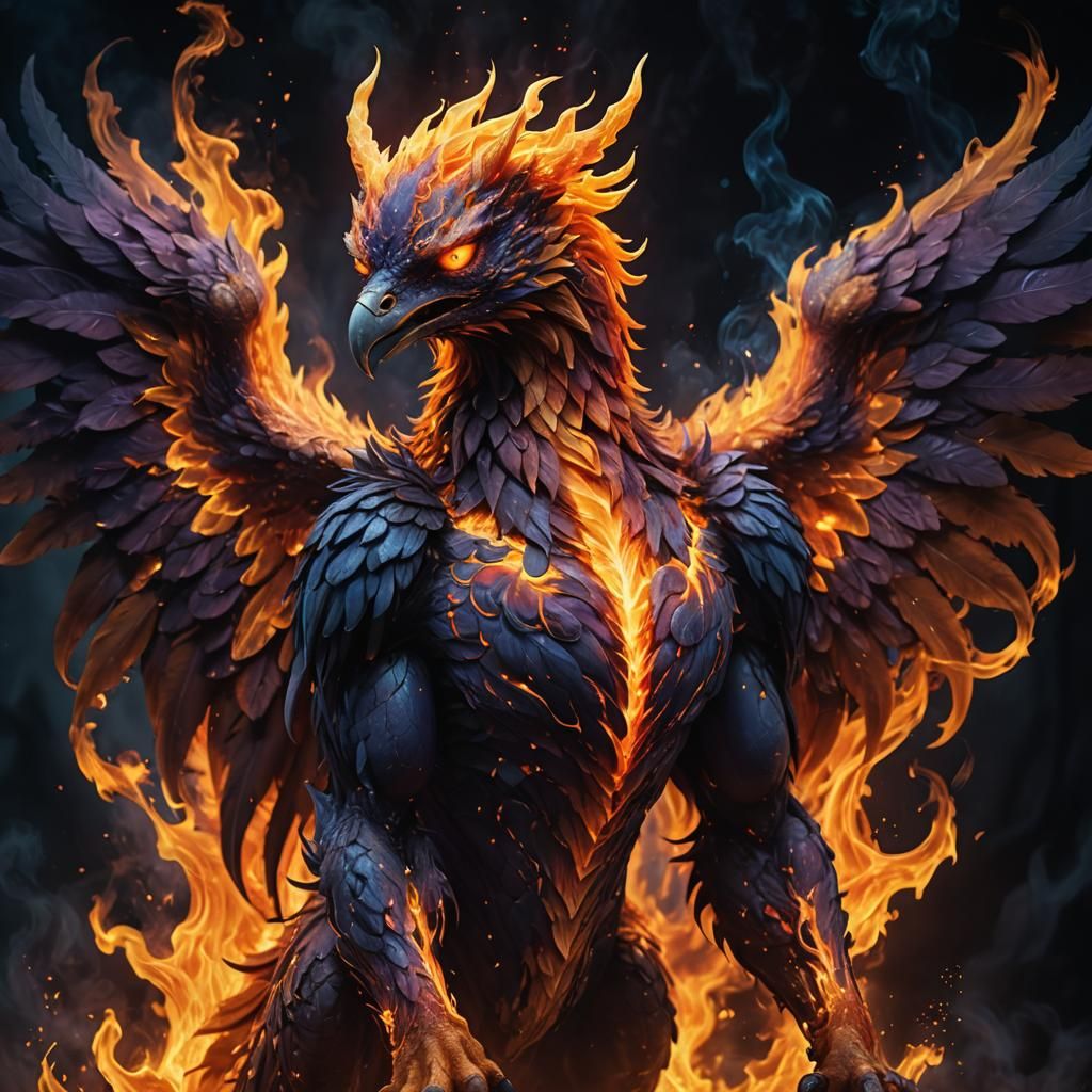 Mythical Fire Creature in Smoldering Landscape: Digital Art