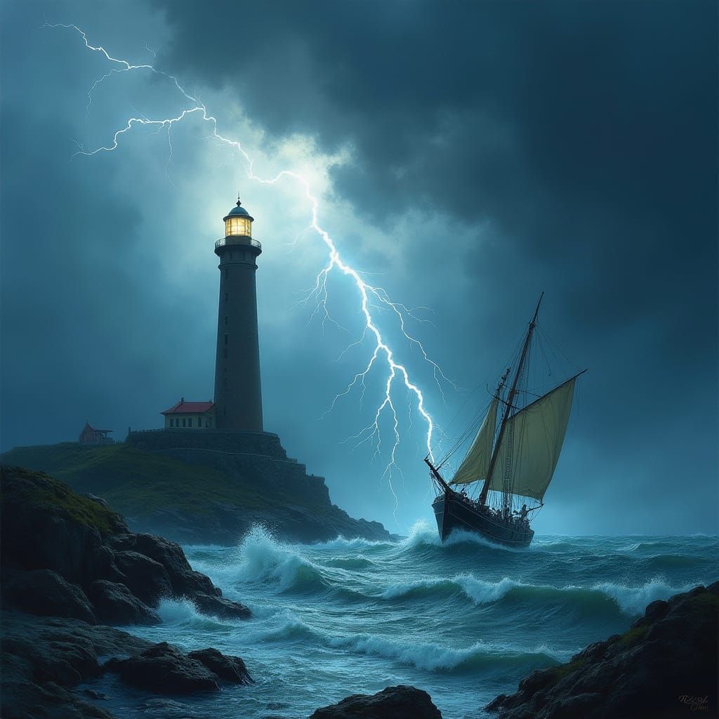 Lighthouse in Stormy Seas: A Seascape Painting