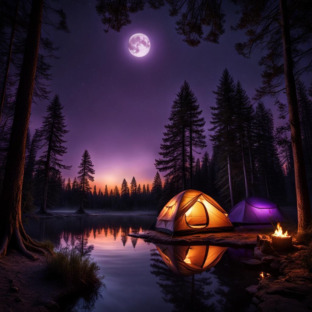 Enchanting Campsite at Purple Sunset in Detailed Matte Paint...