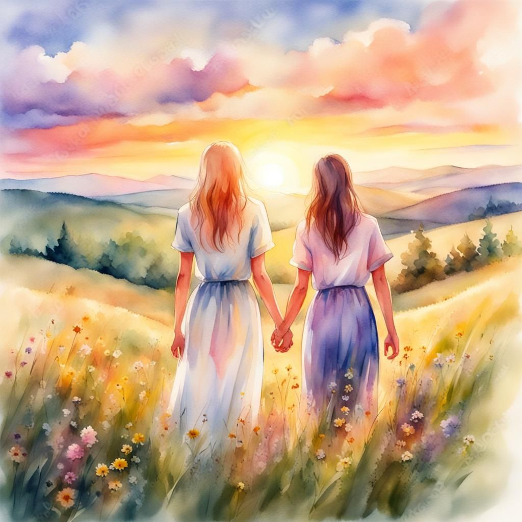 Lesbian Lovers Picnic at Sunset in Watercolor Style