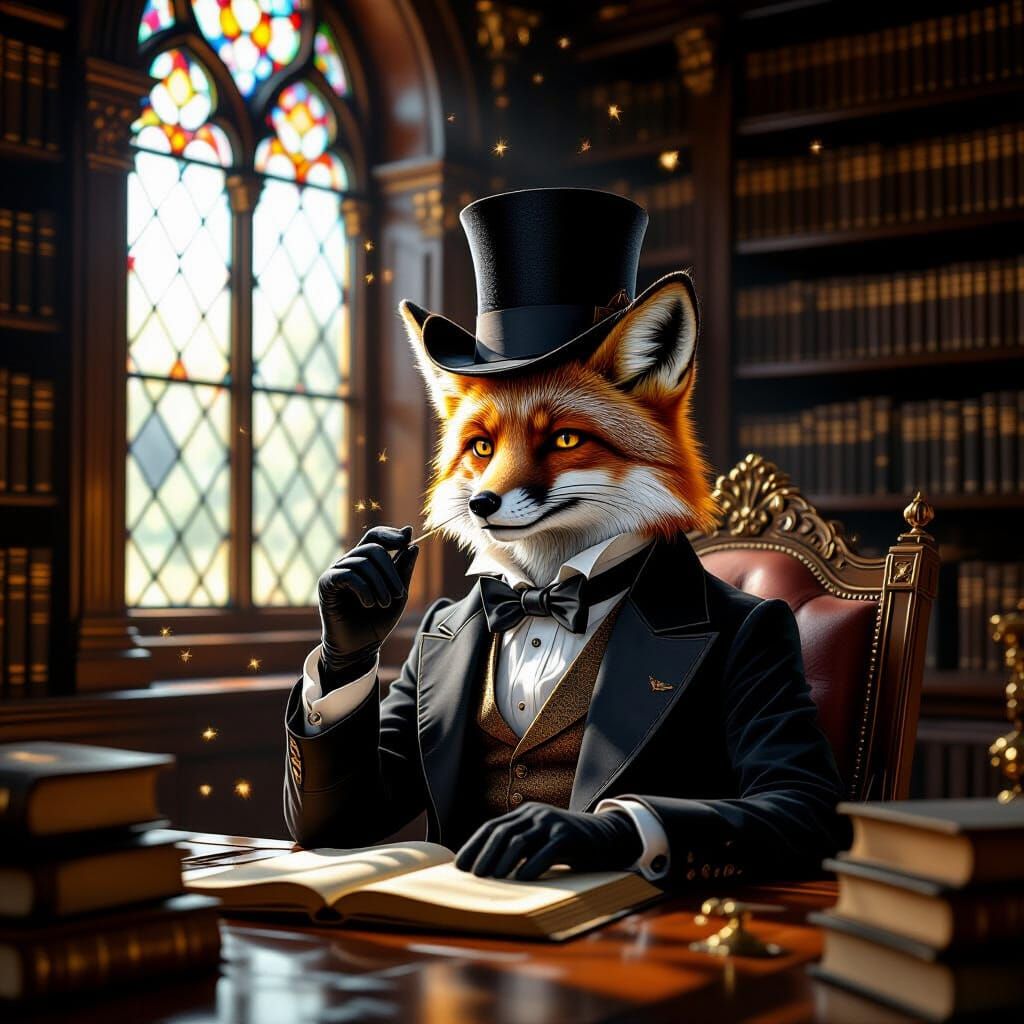 Fox in Opulent Library, Classical Oil Painting Style